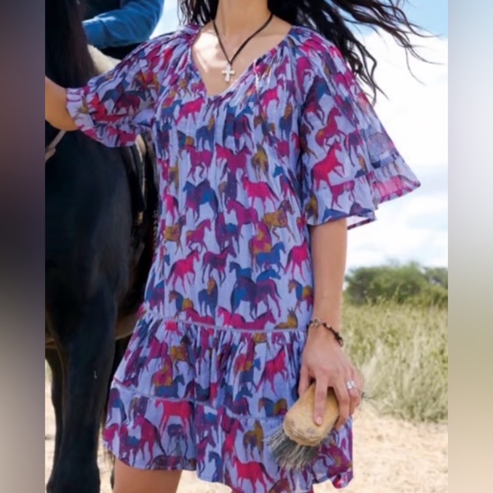 Aisha Sundance Dress in Periwinkle, Horse pattern Dress EUC
